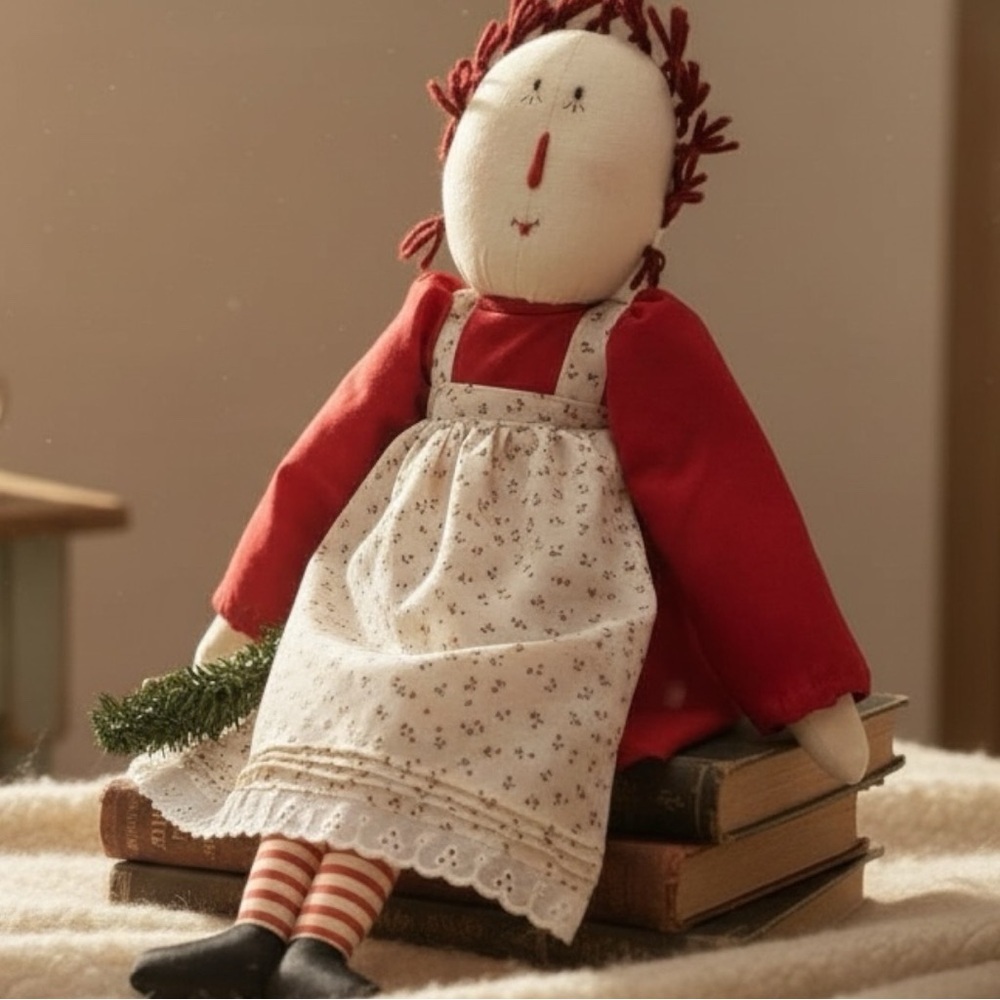 Vintage Primitive Handmade Raggedy Ann Christmas Doll with Wreath Cottagecore
